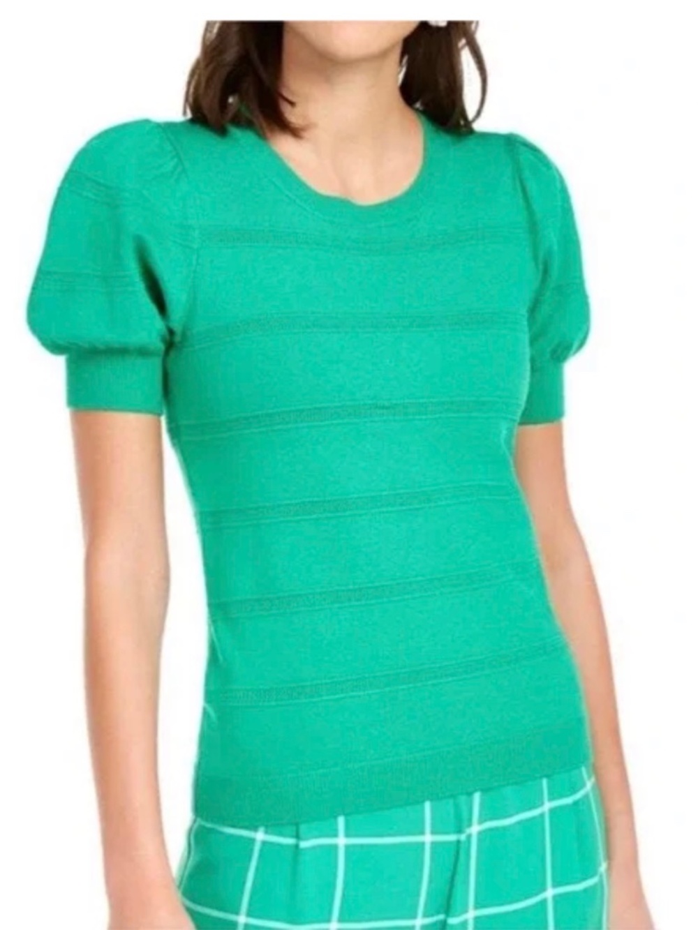 Maison Jules Green Puff Sleeve Knit Top – Short Sleeve Sweater – Size XS
